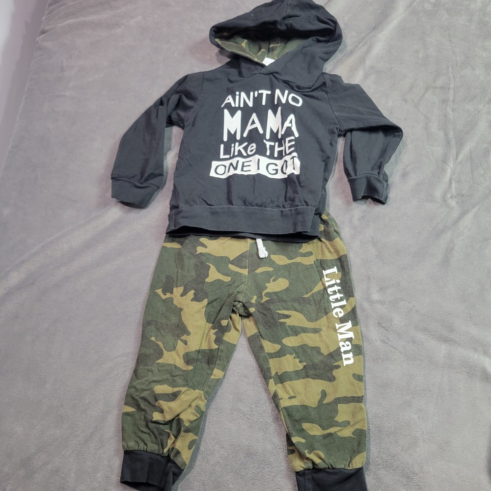 Toddler Boy Black Mama Graphic Hoodie‎ and Camo Little Man Jogger Set 1-2Y